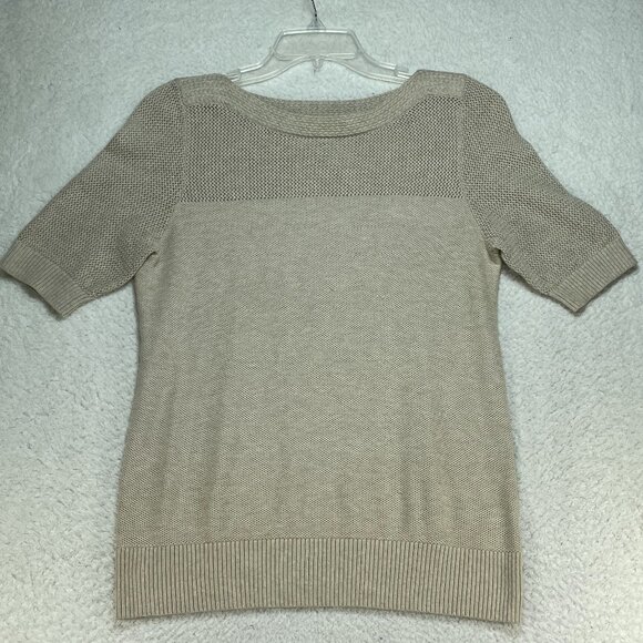LL Bean Sweater Womens Medium Beige Tan Knit Pullover Short Sleeve Cotton Top - Picture 1 of 7